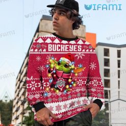 Ohio State Christmas Sweater Baby Yoda Lights Ohio State Buckeyes Present Front