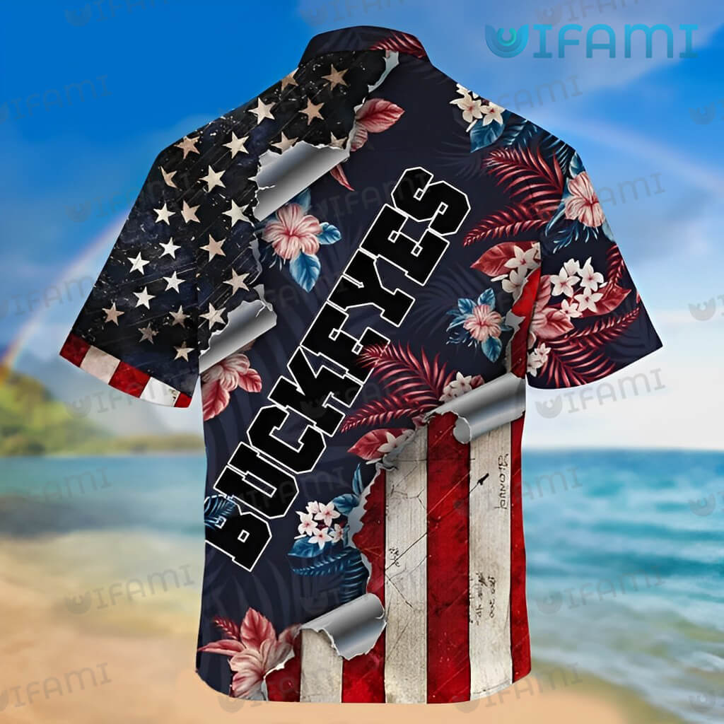 Ohio State Hawaiian Shirt Broken USA Flag Flower Palm Leaf Custom Ohio State Buckeyes Gift