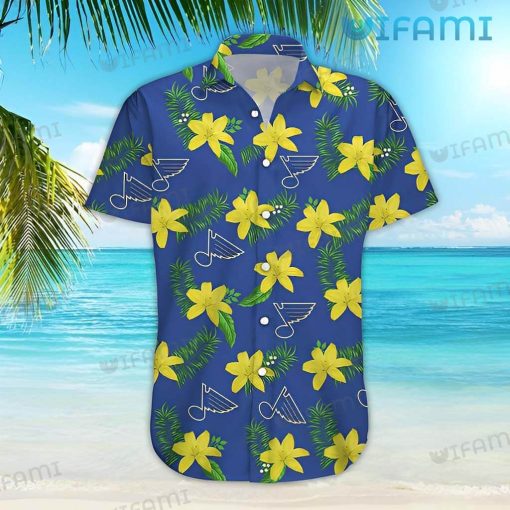 St Louis Blues Hawaiian Shirt Yellow Hibiscus Palm Leaf St Louis Blues Gift