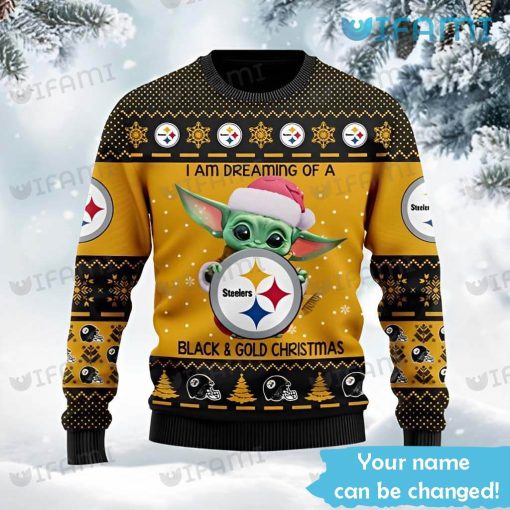 Steelers Ugly Sweater Baby Yoda Black Gold Christmas Custom Pittsburgh Steelers Gift