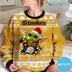 Steelers Ugly Sweater Baby Yoda Christmas Lights Pittsburgh Steelers Present Front