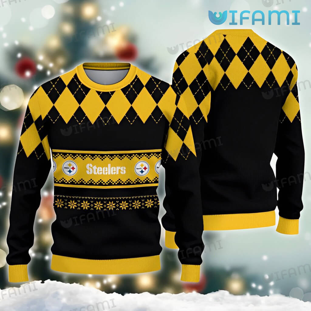 Support your team with a festive, Criss Cross Steelers Ugly Sweater.