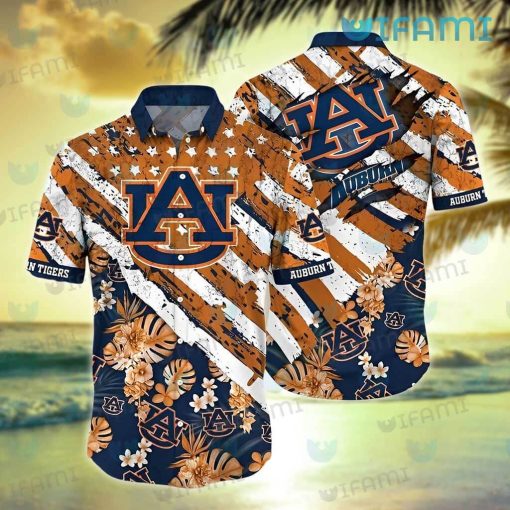 Auburn Hawaiian Shirt USA Flag Tropical Flower Auburn Gift