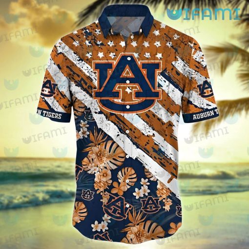 Auburn Hawaiian Shirt USA Flag Tropical Flower Auburn Gift