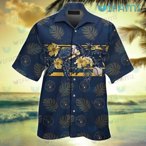 Brewers Hawaiian Shirt Gold Hibiscus Palm Leaf Milwaukee Brewers Gift