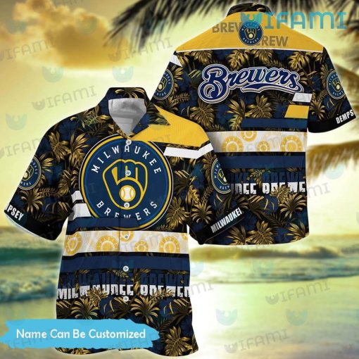 Brewers Hawaiian Shirt Navy Hibiscus Palm Leaf Custom Milwaukee Brewers Gift