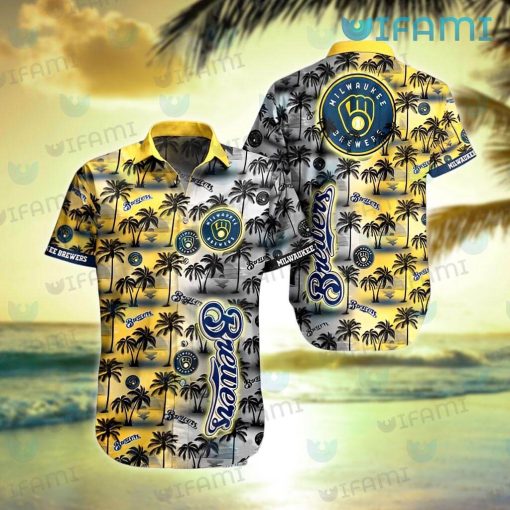 Brewers Hawaiian Shirt Sunset Dark Coconut Tree Milwaukee Brewers Gift