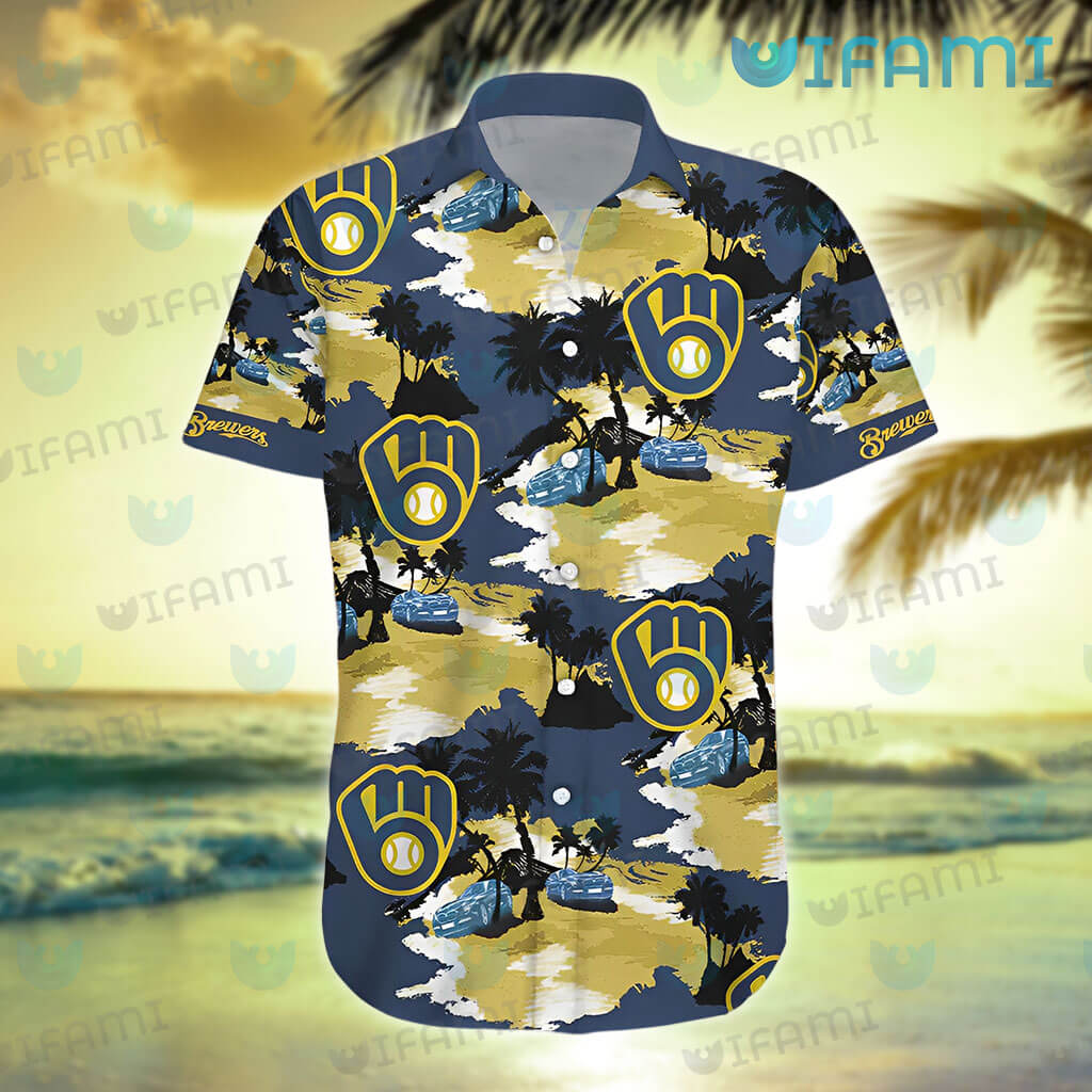 Milwaukee Brewers Yellow White Hibiscus Powder Blue Pattern 3D Hawaiian  Shirt Beach Gift