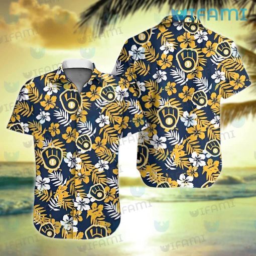 Brewers Hawaiian Shirt White Gold Hibiscus Pattern Milwaukee Brewers Gift