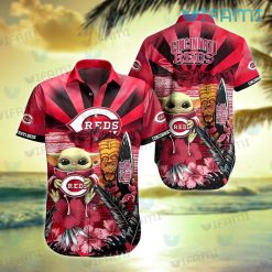 Cincinnati Reds Hawaiian Shirt Baby Yoda Tiki Mask Beach Cincinnati Reds Gift