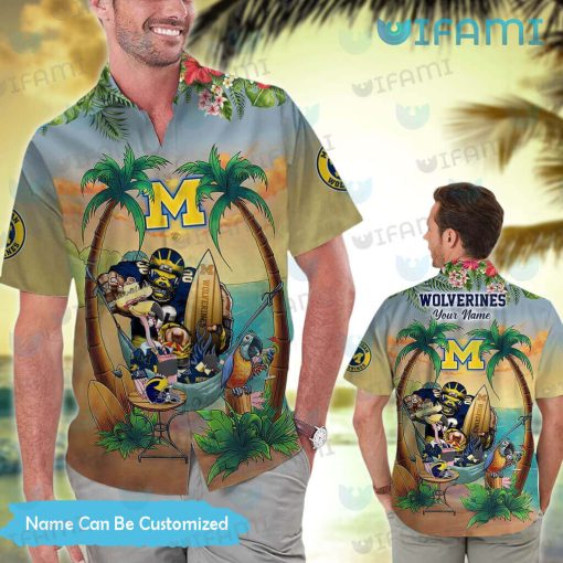 Custom Michigan Hawaiian Shirt Mascot Flamingo Parrot Michigan Wolverines Gift