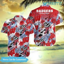Custom Wisconsin Badgers Hawaiian Shirt Mascot Tropical Flower Wisconsin Badgers Gift