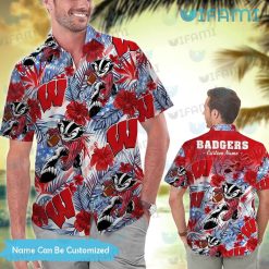 Custom Wisconsin Badgers Hawaiian Shirt Mascot Tropical Flower Wisconsin Badgers Present Men