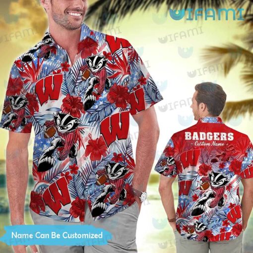 Custom Wisconsin Badgers Hawaiian Shirt Mascot Tropical Flower Wisconsin Badgers Gift