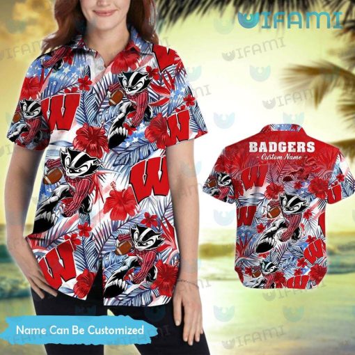 Custom Wisconsin Badgers Hawaiian Shirt Mascot Tropical Flower Wisconsin Badgers Gift