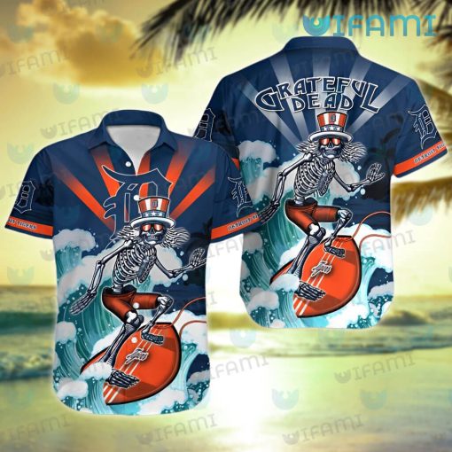 Detroit Tigers Hawaiian Shirt Grateful Dead Skeleton Surfing Detroit Tigers Gift