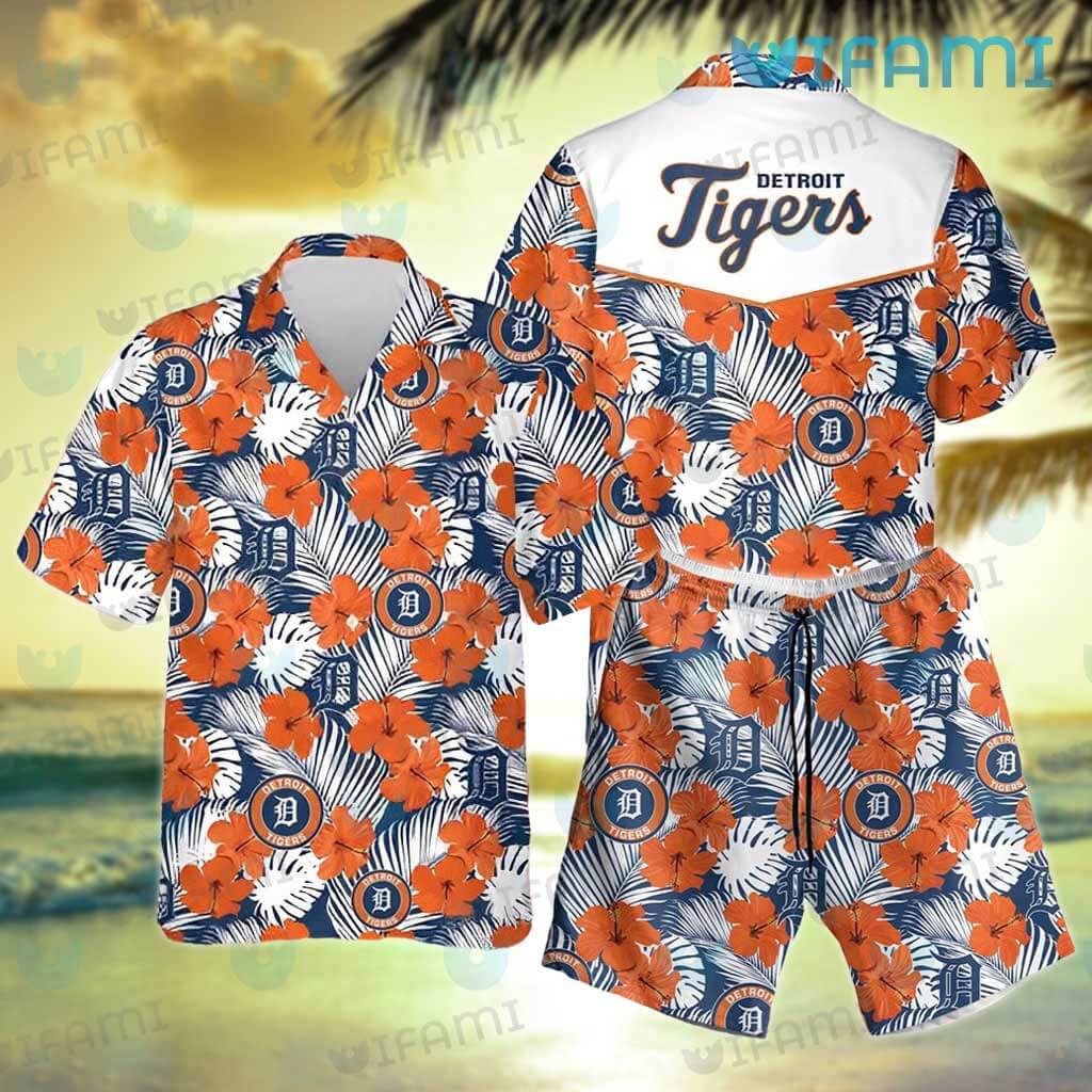 Detroit Tigers Hawaiian Shirt Orange Hibiscus Pattern Detroit