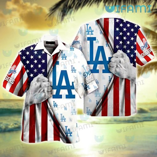 Dodgers Hawaiian Shirt USA Flag Tearing Through Logo Los Angeles Dodgers Gift