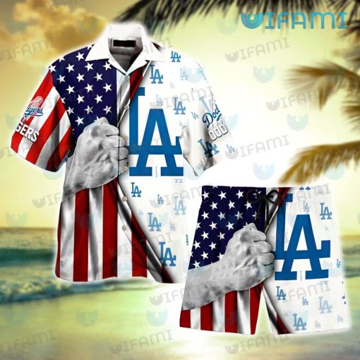 Dodgers Hawaiian Shirt USA Flag Tearing Through Logo Los Angeles Dodgers Gift