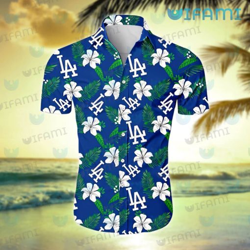 Dodgers Hawaiian Shirt White Hibiscus Tropical Leaves Los Angeles Dodgers Gift