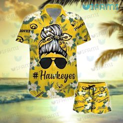 Hawkeyes Hawaiian Shirt Girl Messy Bun Sunglasses Iowa Hawkeyes Gift