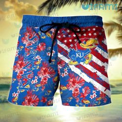 Jayhawks Hawaiian Shirt USA Flag Tropical Flower Kansas Jayhawks Short