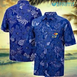 Kansas Jayhawks Hawaiian Shirt Blue Hibiscus Palm Leaves Best Jayhawk Gifts