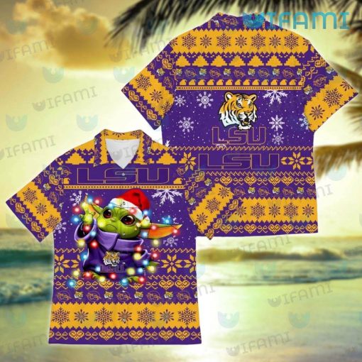 LSU Hawaiian Shirt Baby Yoda Christmas Lights LSU Gift