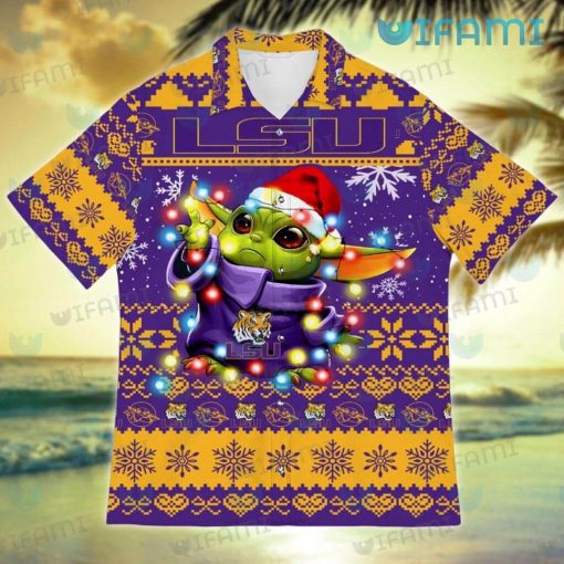 LSU Hawaiian Shirt Baby Yoda Christmas Lights LSU Gift