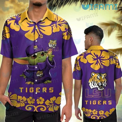 LSU Hawaiian Shirt Baby Yoda Hibiscus Flower LSU Gift