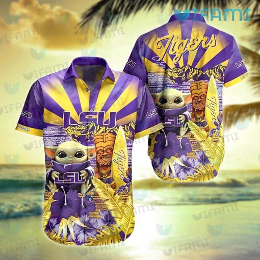 LSU Hawaiian Shirt Baby Yoda Tiki Mask LSU Gift