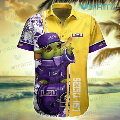 LSU Hawaiian Shirt Baby Yoda Tropical Flower LSU Gift