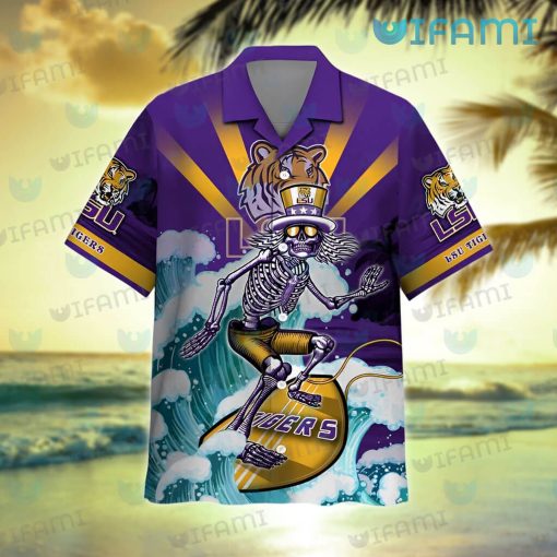 LSU Hawaiian Shirt Grateful Dead Skeleton Surfing LSU Gift