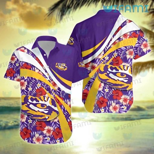 LSU Hawaiian Shirt Hibiscus Palm Leaves LSU Gift