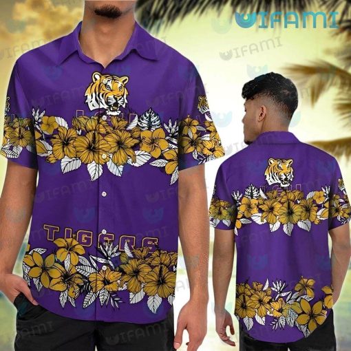 LSU Hawaiian Shirt Hibiscus Pattern Logo LSU Gift