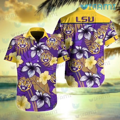 LSU Hawaiian Shirt Hibiscus Tropical Leaves LSU Gift