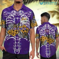 LSU Hawaiian Shirt Ribcage Tropical Flower LSU Gift