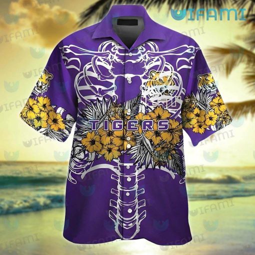 LSU Hawaiian Shirt Ribcage Tropical Flower LSU Gift