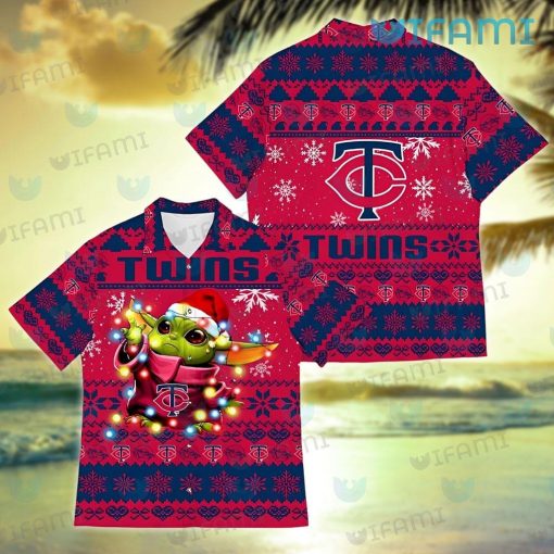 MN Twins Hawaiian Shirt Baby Yoda Lights Christmas Design Minnesota Twins Gift