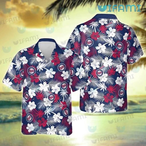 MN Twins Hawaiian Shirt Red White Hibiscus Palm Leaf Minnesota Twins Gift