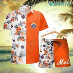 Mets Hawaiian Shirt Orange Hibiscus Tropical Leaves New York Mets Gift