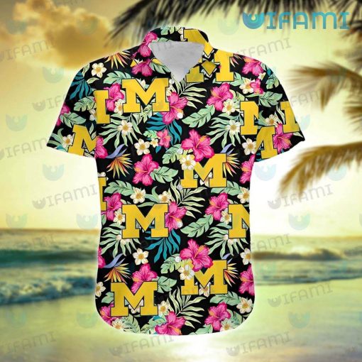 Michigan Hawaiian Shirt Plumeria Hibiscus Tropical Leaves Wolverines Gift