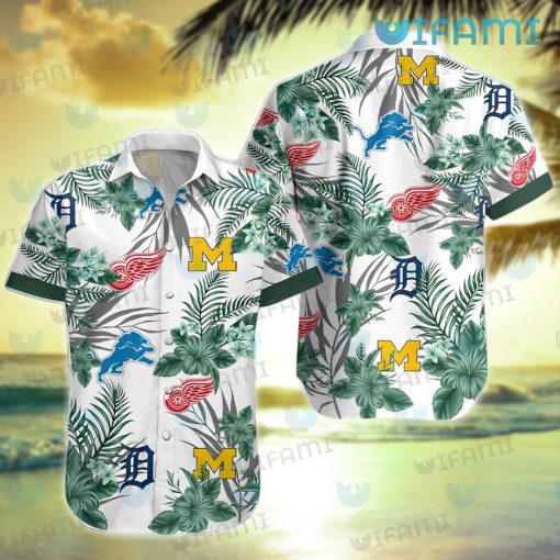 Michigan Hawaiian Shirt Tigers Lions Red Wings Wolverines Gift