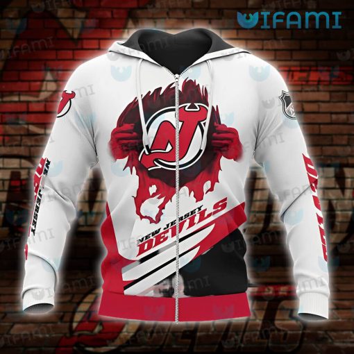 NJ Devils Zip Up Hoodie 3D Tearing Through Logo New Jersey Devils Gift