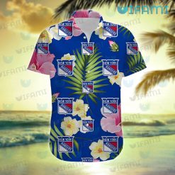NY Rangers Hawaiian Shirt Plumeria Hibiscus Palm Leaves New York Rangers Gift