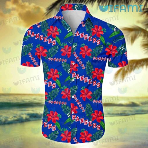 NY Rangers Hawaiian Shirt Red Hibiscus Tropical Leaves New York Rangers Gift