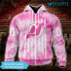 New Jersey Devils Hoodie 3D Pink Tie Dye Breast Cancer Custom Jersey Devils Zip Up