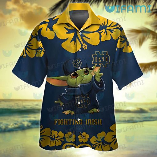 Notre Dame Hawaiian Shirt Baby Yoda Hibiscus Flower Notre Dame Gift