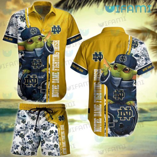 Notre Dame Hawaiian Shirt Baby Yoda Tropical Flower Notre Dame Gift