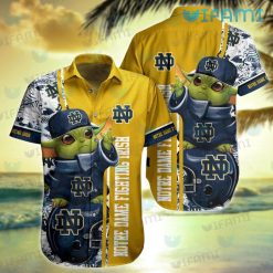 Notre Dame Hawaiian Shirt Baby Yoda Tropical Flower Notre Dame Present